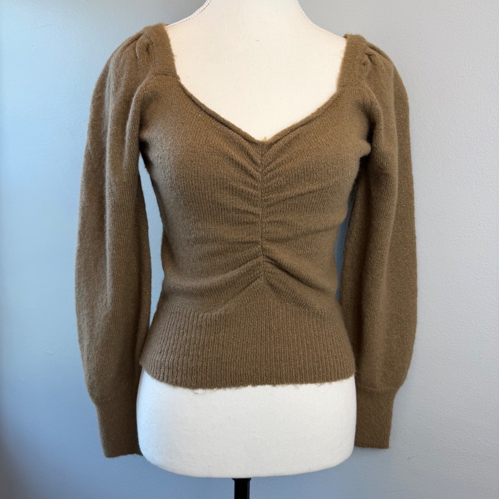 Lush Small Mocha Brown‎ Ruched Sweetheart Puff Sleeve Shimmer Knit Sweater Crop